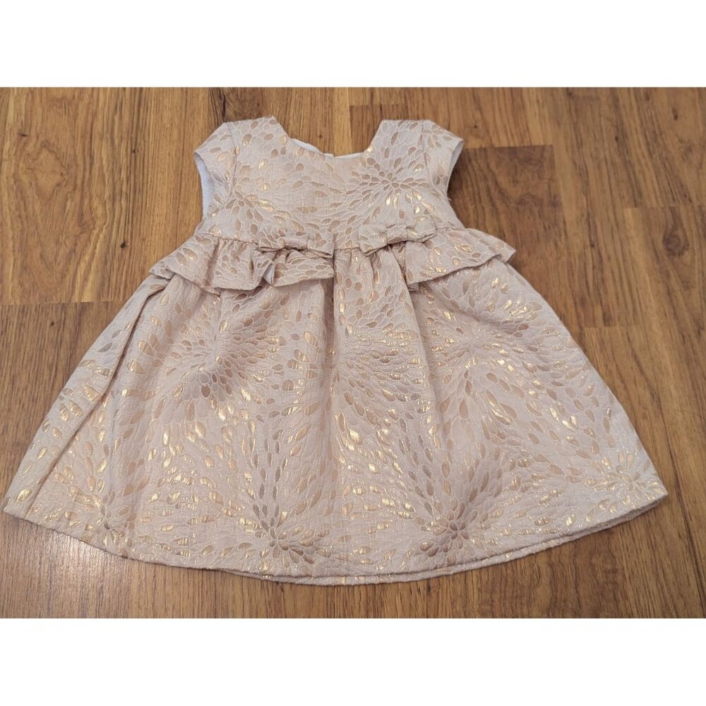 Laura Ashley London Baby Girls Gold Metallic Floral Dress 12M Ruffle Waist & Bow